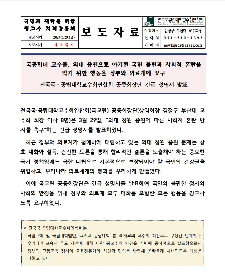 국민과 대학을 위한 평교수 지적공동체 배포시기 2024.3.29.(금) 보도시기 배포즉시 보도자료 전국국공립대학교수회연합회 Korea Federation of National University Professor Associations 상임회장 김정구 부산대 교수회장 연락처 051-510-1396 이메일 newknupa@naver.com 국공립대 교수들, 의대 증원으로 야기된 국민 불편과 사회적 혼란을 막기 위한 행동을 정부와 의료계에 요구 전국국공립대학교수회연합회 공동회장단 긴급 성명서 방표 전국국공립대학교수회연합회(국교련) 공동회장단(상임회장 김정구 부산대 교수회 회장 이하 8명)은 3어ㅜㄹ 29일, "의대 정원 증원에 따른 사회적 혼란 방지를 촉구"하는 긴급 성명서를 발표하였다. 최근 정부와 의료계가 첨예하게 대립하고 있는 의대 정원 증원 문제는 상호 대화와 설득, 건전한 토론을 통해 합리적인 결론을 도출해야 하는 중요한 국가 정책임에도 극한 대립으로 기본적으로 보장되어야 할 국민의 건강권을 위협하고, 우리나라 의료체계의 붕괴를 우려하게 만들었다. 이에 국교련 공동회장단은 긴급 성명서를 발표하여 국민의 불편한 정서와 사회의 안정을 위해 정부와 의료계 모두 대화를 포함한 모든 행동을 강구하도록 요구하였다. 전국국공립대학교수회연합회는 국립대학 및 국립대학법인, 그리고 공립대학 총 40개교의 교수회 회장으로 구성된 단체이다. 우리나라 교육의 주요 사안에 대해 대학 평교수의 의견을 수렴해 공식적으로 발표함으로서 정부의 고등교육 정책이 교육전문가의 식견과 민의를 반영해 올바르게 시행되도록 최선을 다하고 있다.